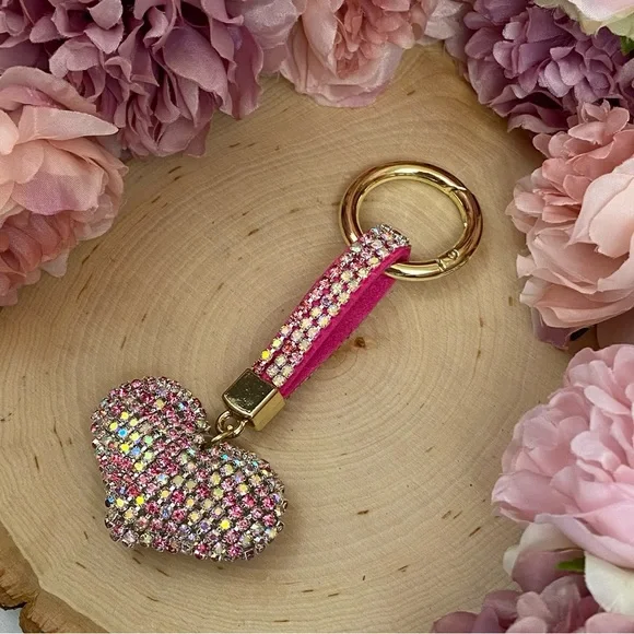 Chic Multicolor Pink Crystal & Leather Heart Keychain - Picture 5 of 11